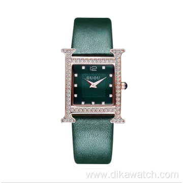 8214 GUOU Temperament Wild Rhinestone Watches Waterproof Quartz Square Shell Pattern Ladies Watch